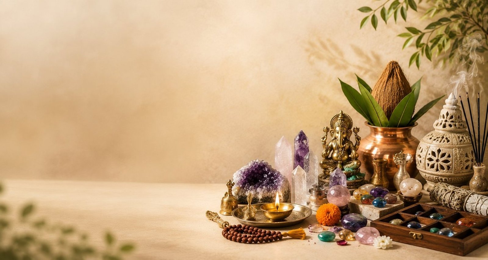 Sacred essentials — Ladoo Gopal, copper kalash, hawan samagri, crystals and gemstones